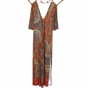 Boston Proper v-neck short sleeves paisley maxi dress with leg slit size XS